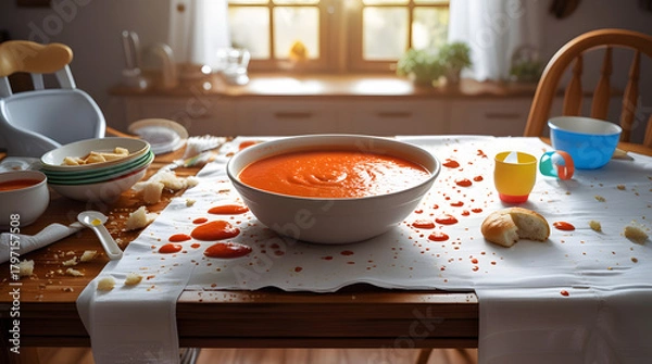 Fototapeta a wooden kitchen table with a white tablecloth, a large bowl of spilled tomato soup in the center, surrounded by empty bowls and utensils, with crumbs and stains from the children's meal