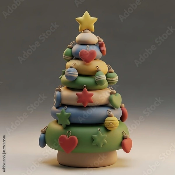 Fototapeta Tiered Clay Christmas Tree With Colorful Ornaments and Hearts