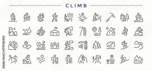 Fototapeta Climbing vector icon set. Set of line pictogram. It contains symbols to camping, adventure, activity, mountain, hiking. Pixel perfect. Vector illustration. Hiking icon set.