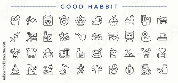 Fototapeta Good Habit line icon. Featuring fitness, exercise, style, life, health, fit and more. Thin outline icons pack. Life icon set. Pixel perfect. Vector illustration.