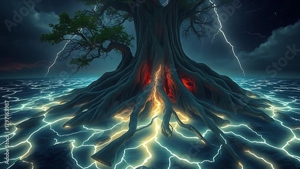 Fototapeta Ancient tree roots glowing beneath a cracked island surface, resembling buried lightning.