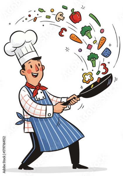 Fototapeta Sizzling chef toss. Chef tossing vegetables. Frying pan maestro. Cooking with joy. Stir-fry master. Culinary acrobatics. Cheerful chef actively cooking, vigorously tossing chopped fresh vegetables