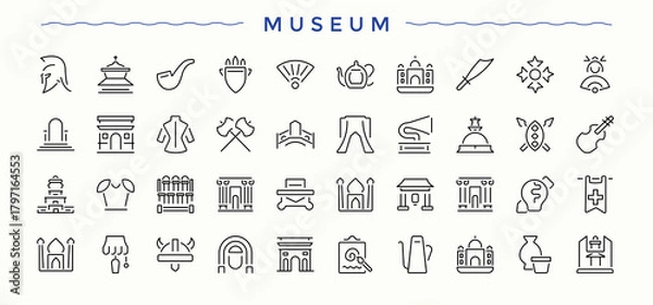 Obraz Museum icon set. Exhibition line icon set. Minimalist icons collection. Contains outline symbols like ancient, exhibition, artist, exhibit, historical, antique and more. Signs for web and mobile app.