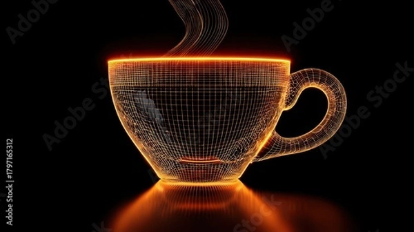 Fototapeta Futuristic glowing wireframe coffee cup with steam on a black background, digital art