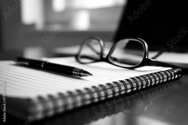 Fototapeta Monochrome focus on spiral notebook, pen, and glasses, symbolizing work.