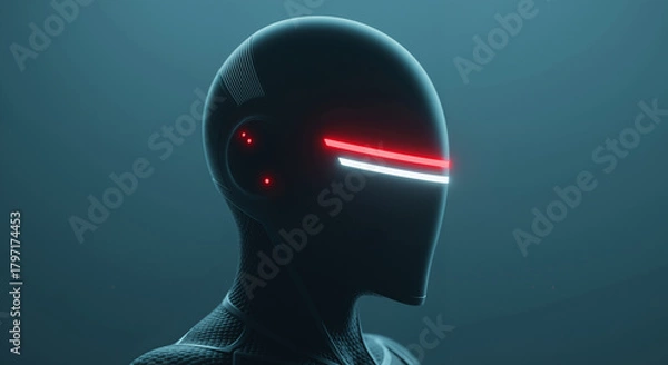 Fototapeta Sci-fi cyborg head with a glowing red neon light visor, representing artificial intelligence and the metaverse concept.