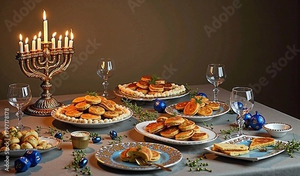 Obraz Hanukkah dinner table with menorah and traditional foods