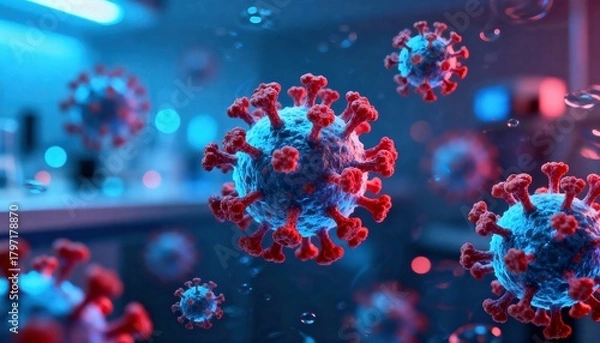 Fototapeta 3D rendering of multiple SARS-CoV-2 virus particles, commonly known as COVID-19, against a blurred blue and red laboratory background, illustrating microscopic biological structures.