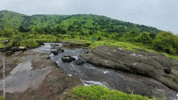 Obraz Monsoon Stream Flowing Over Rocky Terrain, Surrounded by Lush Green Vegetation
