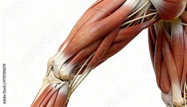 Fototapeta Detailed anatomical illustration of human arm muscles, bones, and nerves.