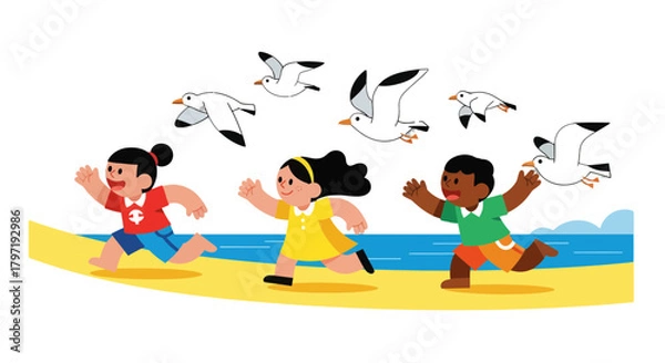 Fototapeta Joyful Kids Chasing Seabirds At The Beach Under A Dark Evening Sky Scene