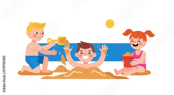 Obraz Joyful Kids Playing At The Beach, Enjoying Sand And A Sunny Summer Day