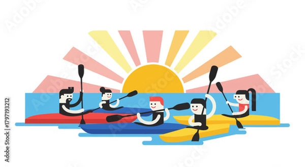 Fototapeta Kayak Adventures: Group Paddling Under a Vibrant Sunrise or Sunset Concept Illustration