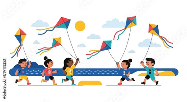 Fototapeta Joyful Kids Running With Vibrant Kites Against A Dark Background On Sunny Day