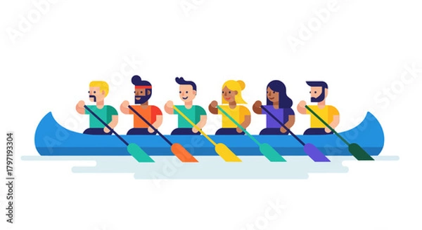 Fototapeta Kayak Team Illustration: Animated Athletes Paddling On The Water For Recreation And Sport
