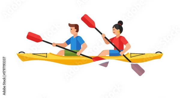 Fototapeta Kayaking Adventure: A Pair Rowing On A Yellow Kayak At Black Background