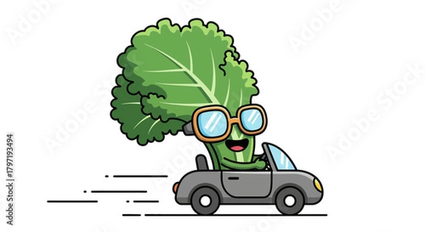 Fototapeta Lettuce Character Enjoying A Joyride In A Convertible Car, Smiling And Wearing Sunglasses