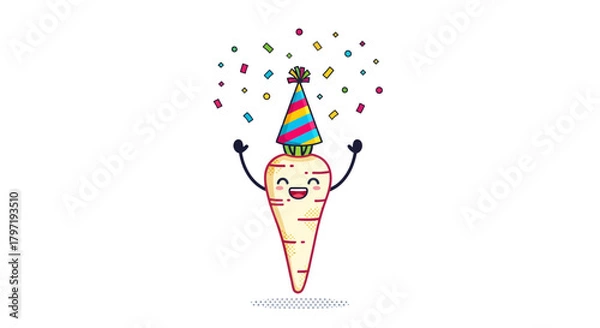 Fototapeta Joyful Parsnip Celebrating With Confetti, Birthday, and Colorful Party Hat