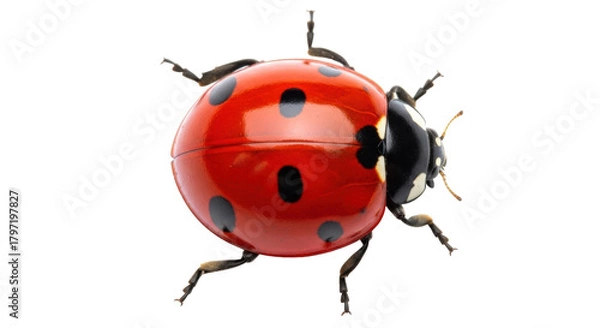 Fototapeta Isolated ladybug close up with vibrant red and black pattern in beautiful macro detail