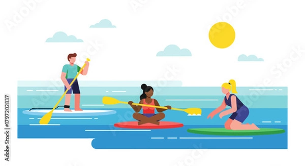 Fototapeta Paddleboarders Enjoying Watersport Activities Under The Sun in Calm Water and Serene Night