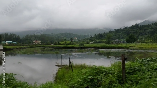 Fototapeta Serene Lake Landscape Surrounded by Greenery and Misty Mountains Under Cloudy Monsoon Sky