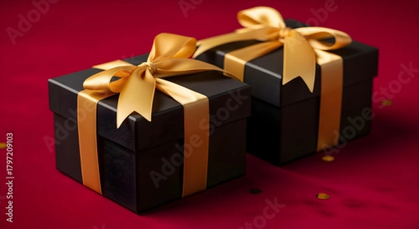 Fototapeta Two elegant black gift boxes with gold ribbons and confetti on a festive red background. Luxurious holiday, anniversary, or celebration concept with soft, warm lighting.