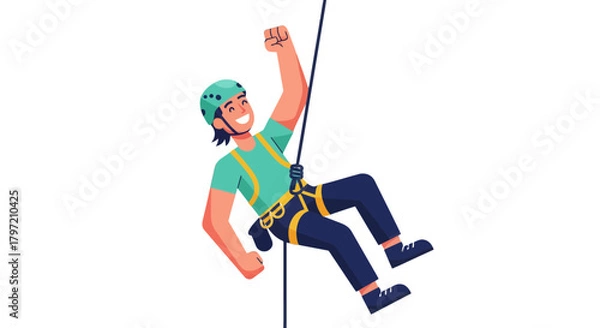 Fototapeta Thrilling Adventure: A Happy Climber Ascending a Rope Against a Dark Backdrop