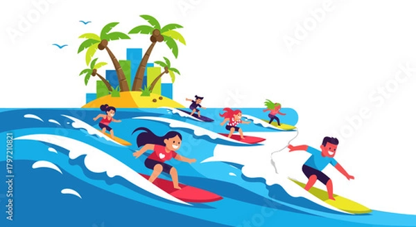 Obraz Thrilling Summer Surfing Adventure Depicting Diverse People Enjoying Beach Waves