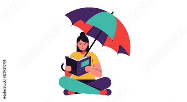 Obraz Tranquil Oasis: Reading Under a Vibrant Umbrella, A Moment of Solitude