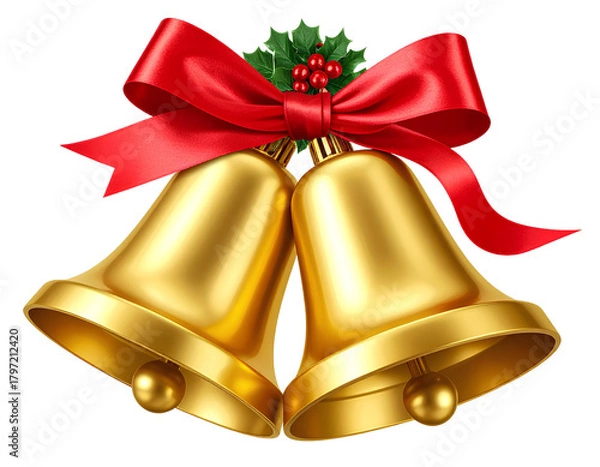Fototapeta 3D Render of Golden Christmas Bells with Ribbon and Garland Accent, PNG Transparent.