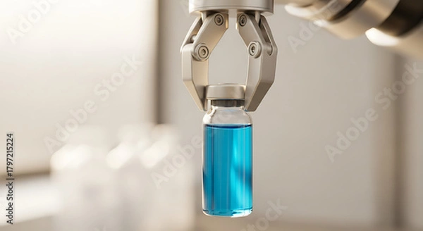 Obraz Precision robotic arm holding vial of blue liquid for medical research, showcasing automation and pharmaceutical technology, innovation and advanced science