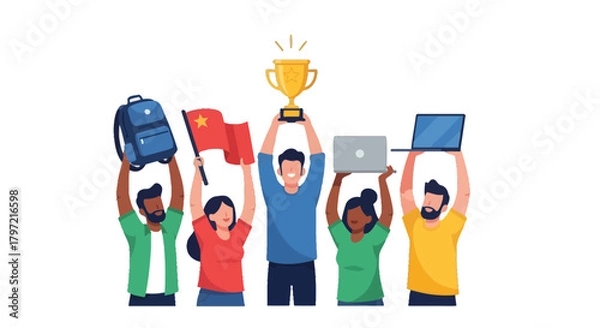 Fototapeta Triumphant Team Celebrating Success With Trophy and Various Symbols Against Black Backdrop