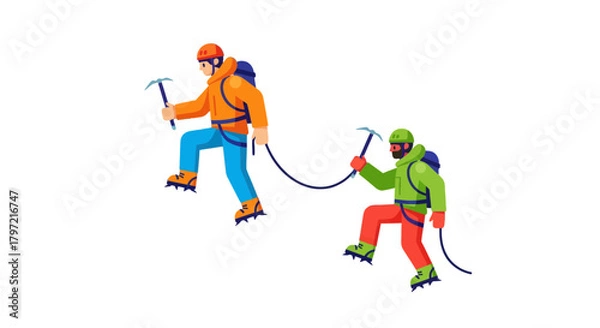 Fototapeta Two Climbers Ascending, Connected by Rope, Against a Dark Backdrop Illustrative Graphic