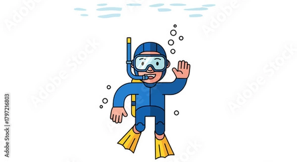 Obraz Underwater Diver Cartoon Welcoming Gesture With Goggles, Fins, And Snorkel, Cheerful