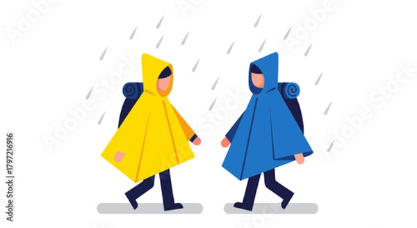 Obraz Two Figures Hiking While Under Rain, Wearing Raincoats, In The Black Night