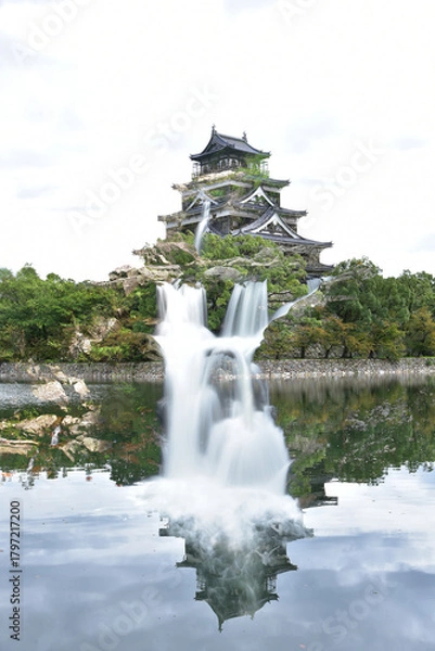 Obraz 城と滝のコラージュ　ファンタジー　自然と融合