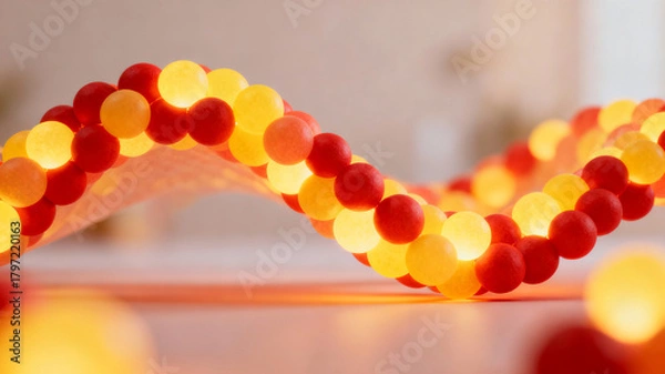 Obraz Glowing Red and Yellow Spheres Forming Abstract 3D DNA Double Helix or Molecular Chain Structure in Warm Light with Bokeh Background