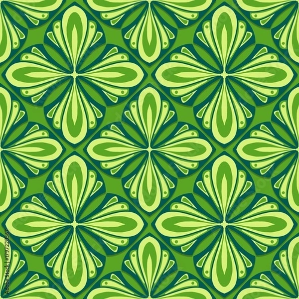Obraz seamless pattern with green leaves, green curves ,painted create to flowershape, leaves, green background in geometric patterns as sarong,fabric,tile,printed fabric,batik,tablecloth patterns.