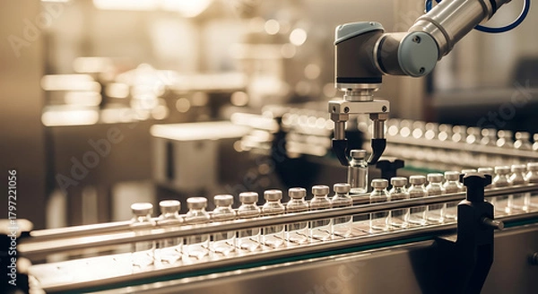 Fototapeta Automated robotic arm precision handling vials in pharmaceutical production line ensures quality and efficiency in modern medicine manufacturing process