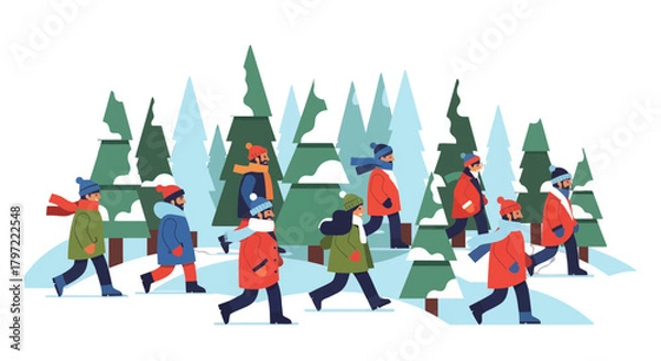 Obraz Winter Forest Expedition Depicting Group of People Enjoying Snowy Outdoor Recreation