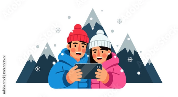 Fototapeta Winter Journey: A Couple Capturing Moments In Snowy Mountains With Smartphone Camera