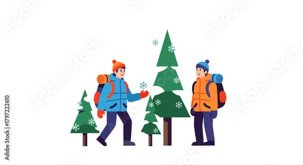 Fototapeta Winter Journey: Adventurers Enjoying Forest Scene Amongst Snowflakes and Fir Trees