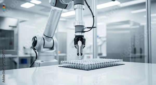 Obraz Automated robotic arm assembling vials in a pharmaceutical manufacturing facility, showcasing technology and precision in a cutting-edge clean environment