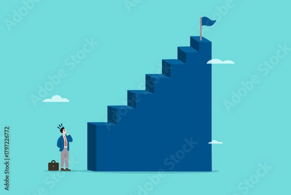 Fototapeta first step is difficult to take, hesitation to initiate an action, the hardest thing in life is always taking the first step, first step is always the hardest