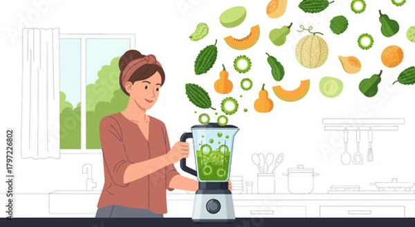 Fototapeta Woman Brewing a Fresh and Nutritious Smoothie with Fruit and Vegetables in the Kitchen