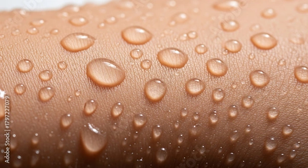 Fototapeta Gentle water droplets delicately resting on skin, reflecting light and refreshing, for skincare, beauty, hydration, and wellness concepts, clean, pure, healthy look