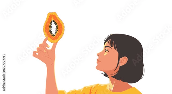 Fototapeta Woman Contemplating A Slice Of Fresh Papaya On A Dark, Minimal Background