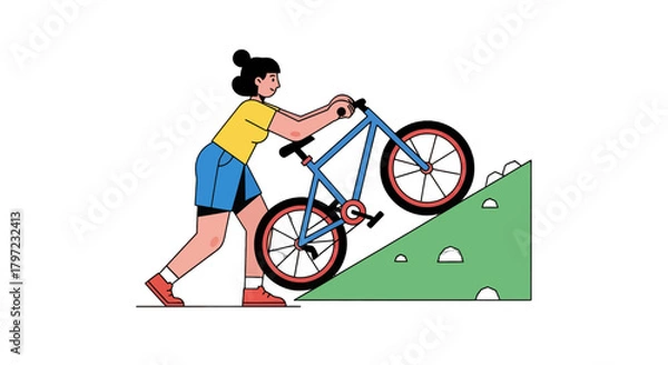 Fototapeta Woman Pushing Bicycle Uphill Depicts Determination, Perseverance, And Achieving Goals