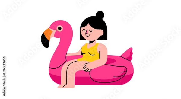 Fototapeta Woman Relaxing On Inflatable Flamingo, Perfect For a Summer Vacation Concept
