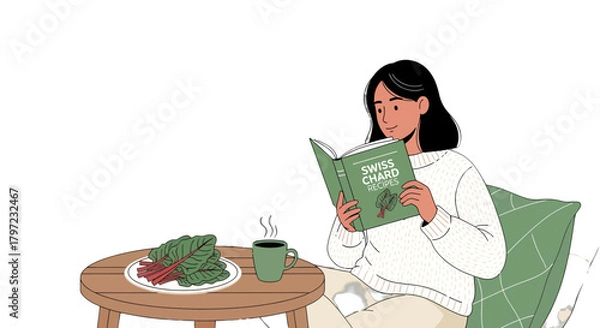 Fototapeta Woman Reading Swiss Chard Cookbook and Enjoying a Cup Alongside Fresh Ingredients